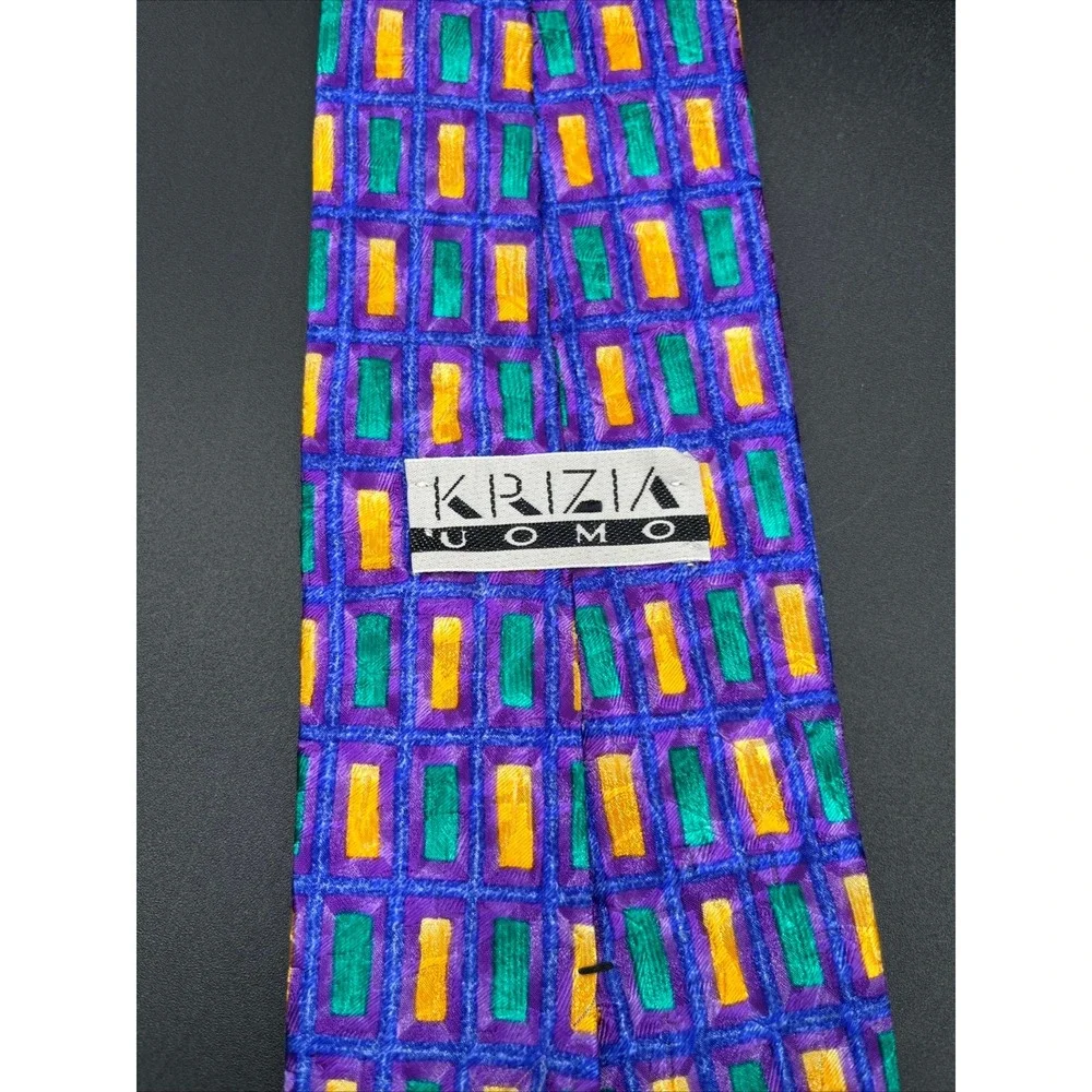 KRIZIA UOMO Silk Tie Mens Purple Colorful Geometric Pattern 100% Silk‎ USA